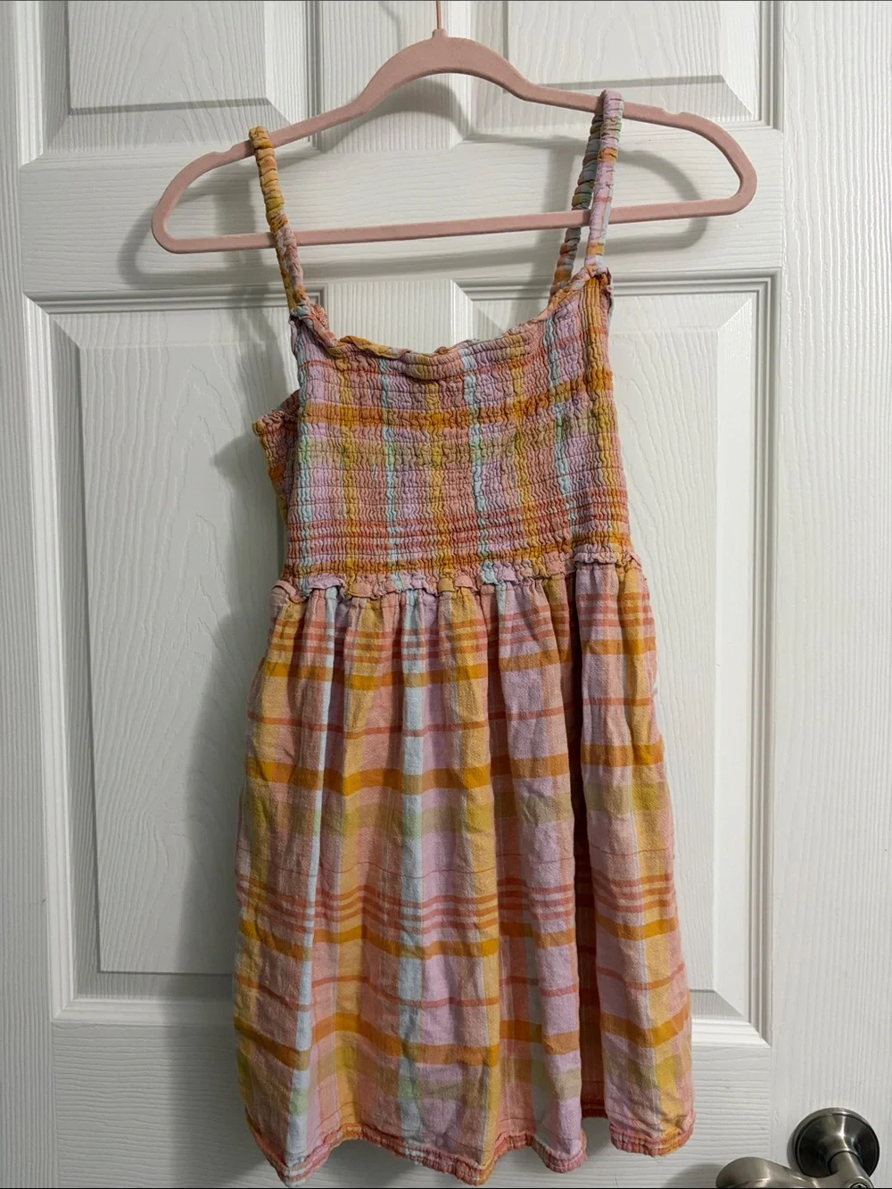 Women’s Plaid Smocked Mini Dress in Pink and Yellow - Picture 1 of 3